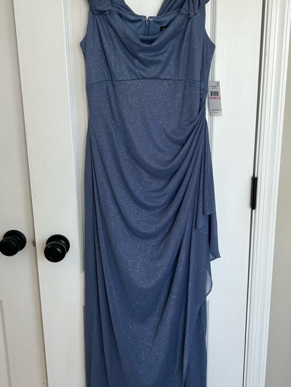 Alex Evenings Sparkle Draped Maxi Dress in Dusty Blue
